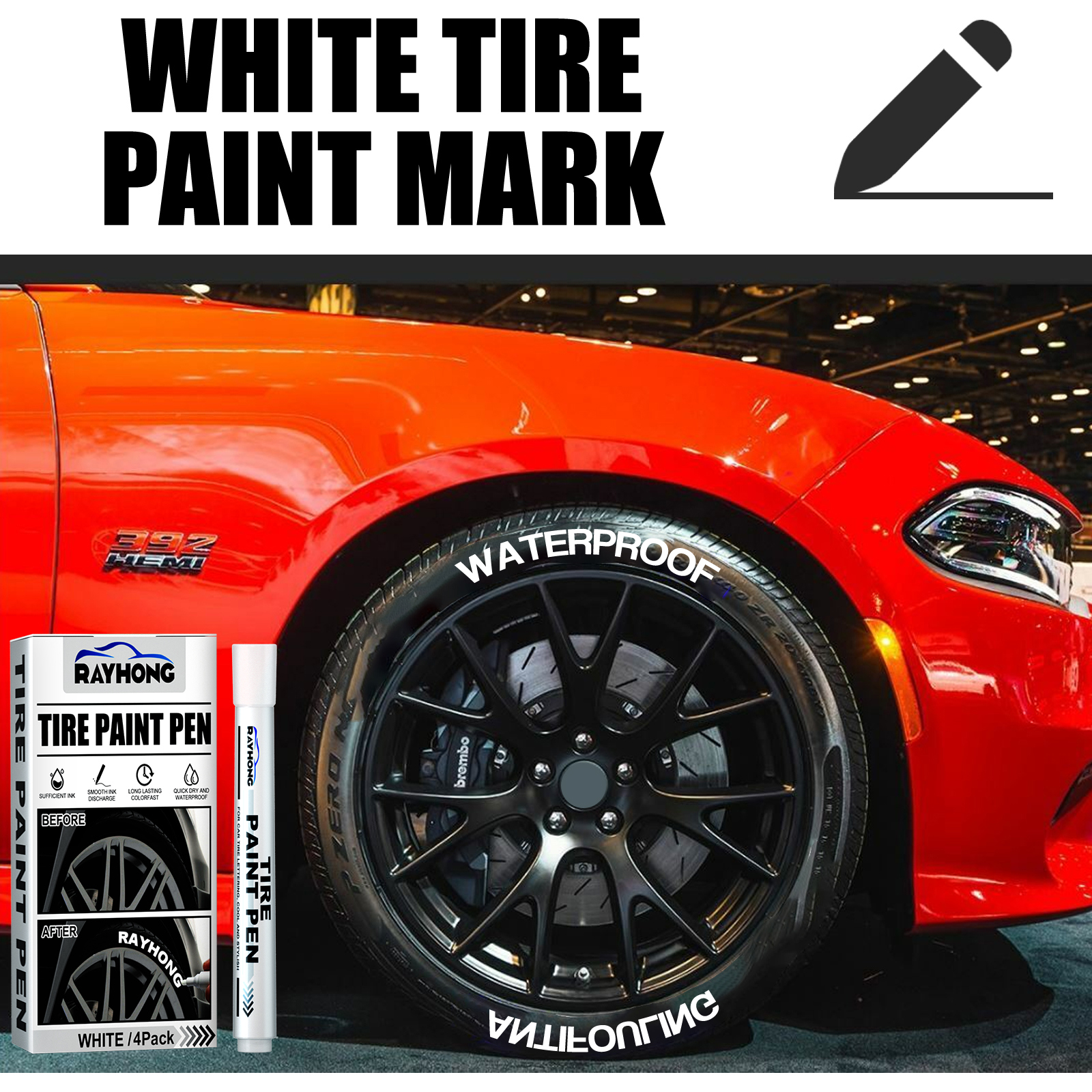 White Tire Paint Markers for Car Tire Lettering-Permanent Tire Paint Pens  are designed with weatherproof ink for car tires （4pcs）